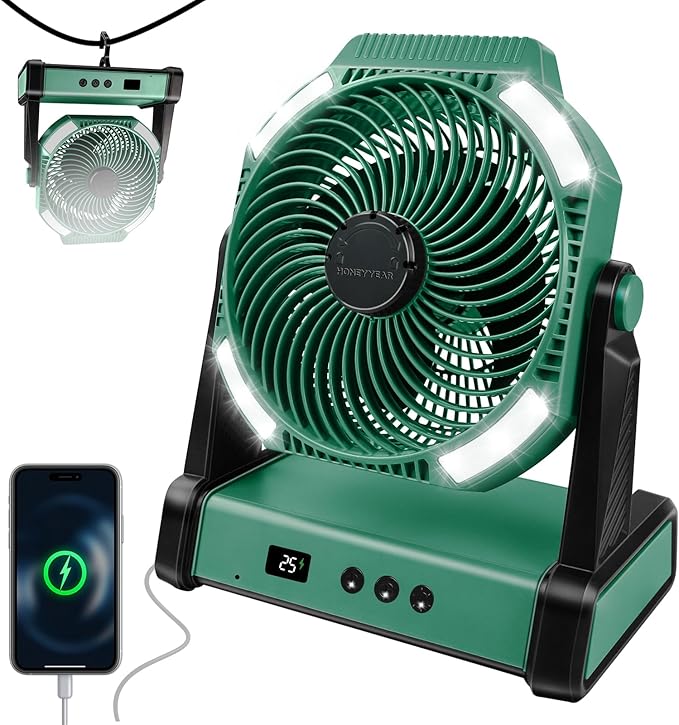 Camping Fan with Smart Voice， 22500mAh Battery Powered Portable Fan with Light&Hook, 5-Speed 270°Adjustable, Camping Essentials for Indoor, Tent, Travel, Patio, RVing, BBQ, Fishing, Jobsite