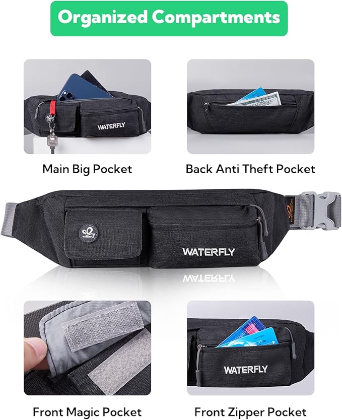WATERFLY Fanny Pack for Women Men Water Resistant Small Waist Pouch Slim Belt Bag with 4 Pockets Lightweight Crossbody Chest Bag Fit All Phones, 11.02 x 2.1 x 4.3 inch