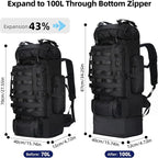 70L/100L Camping Hiking Backpack with Rain Cover, Expandable Large Military Tactical Backpack, Waterproof Molle Racksack Travel Backpacking Daypack for Climbing Trekking (Black)