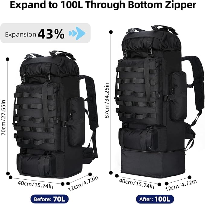 70L/100L Camping Hiking Backpack with Rain Cover, Expandable Large Military Tactical Backpack, Waterproof Molle Racksack Travel Backpacking Daypack for Climbing Trekking (Black)