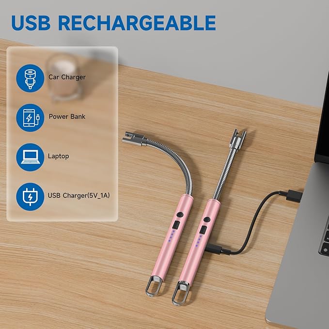2 Pack Electric Candle Lighter Flameless Arc Windproof Flexible Long Neck USB Rechargeable Lighter for BBQ Grill Fireworks Camping.(Rose Gold)