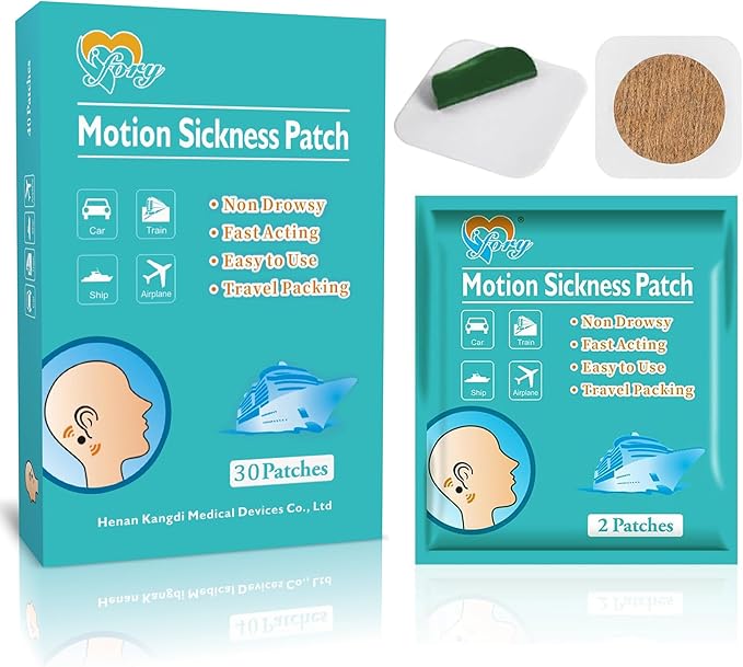 30ct Motion Sickness Patches Non Drowsy – Sea Sickness Patches for Cruise, Car, Airplane, and Other Travel – Waterproof Patch Hidden Behind Ear – Effect Lasts 72 Hours