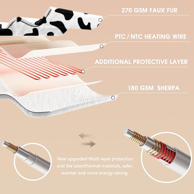 Cow Print Electric Heated Blanket Queen Size,84X90 Black Heating Blanket Queen with Dual Control&Timer&10 Heat Levels,Cute Cow Decor Sherpa Blankets Warmer Gifts for Bed Women Adults,ETL