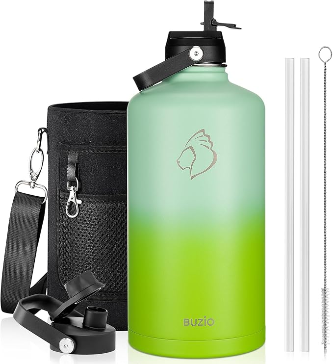 BUZIO 128oz Gallon Water Bottle, Insulated Water Jug with Straw Lid and Carrying Sleeve (Cold for 48 Hrs) Stainless Steel Hydro Metal Canteen Water Flask, Gradient Green