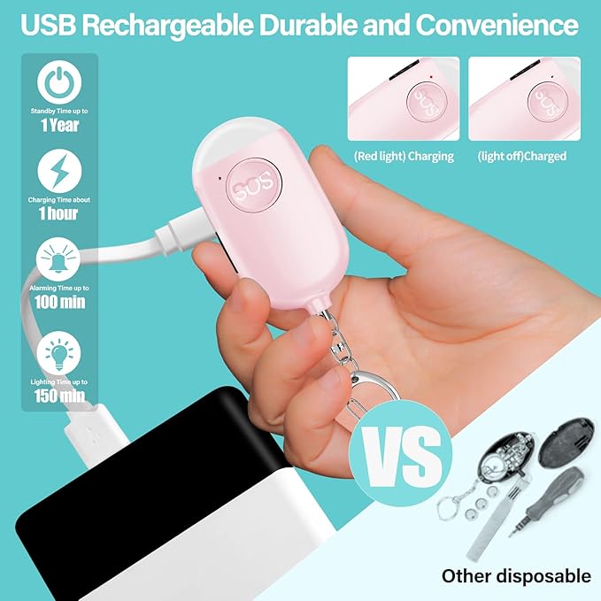 Hion Personal Safety Alarm for Women, 3 Pack Rechargeable 130dB Self Defense Alarm Keychain with LED Flashlight, Emergency Safe Sound Security for Children Elderly, Black+Pink+Blue