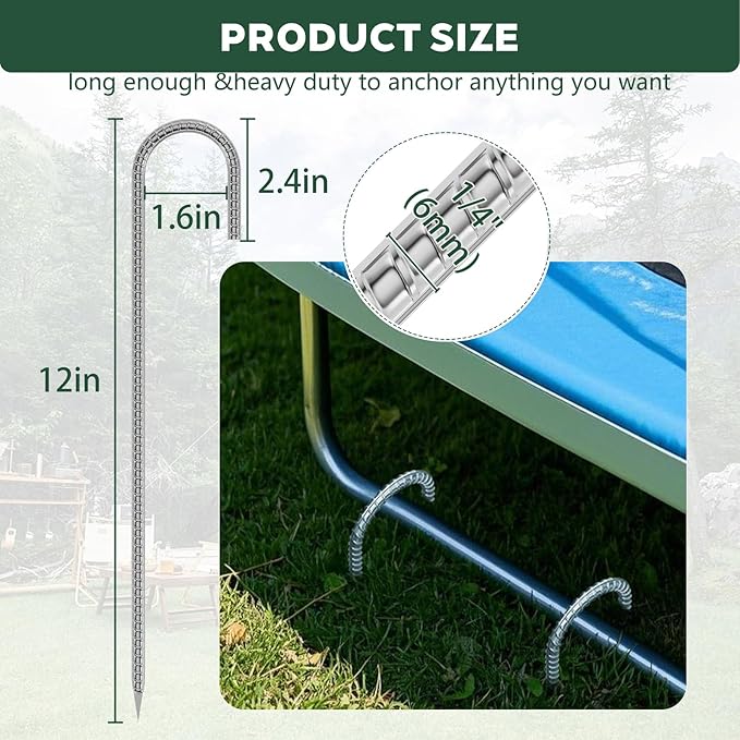 20 Pieces 12 Inch Long 1/4In Diameter Heavy Duty J Hooks,Heavy Duty Rebar Metal Fence Ground Garden Tent Stakes,Ground Spikes Anchors for Fencing,Outdoor Chicken Wire Trellis Stakes,Anti-Rust Silver