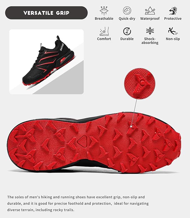 Mens Trail Running Shoes Waterproof Non-Slip Hiking Walking Sneakers for Outdoor Trailing Trekking Camping Quest Black
