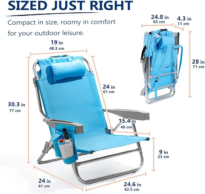 5-Position Aluminum Lay Flat Backpack Beach Chair, Compact Portable Low Beach Chairs for Adults with Cooler Pouch, Storage Pouch, Towel Bar, Cup Holder & Phone Holder, Blue