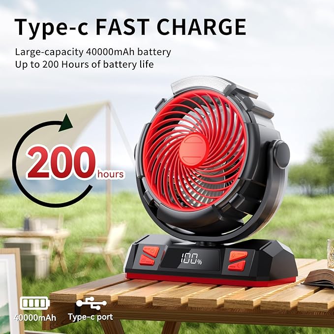 Camping LED Fan with Light, 40000mAh Rechargeable Battery Powered Outdoor Tent Fan with Light and Hook, 6 Speed, Personal USB Desk Fan for Camping, Fishing, Power Outage,Hurricane, Worksite
