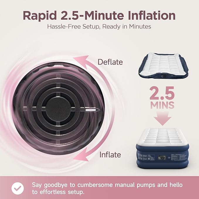 Twin Air Mattress with Built-in Pump & Luxury Quilted Topper (Washable & Detachable), 20" Raised Comfort, 450lb Support, 2.5 Min Fast Inflate, Blow up Mattress for Guest Camping & Sleepover