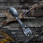 WILDAIR Stainless Steel Spork Camping Utensil with Knife Spoon Fork Bottle Can Opener 5 in1 Functional Multi Flatware