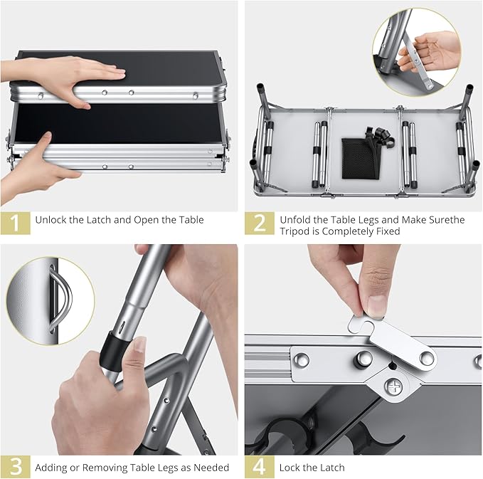 Folding Camping Table with Storage Net, 3ft Camping Table Aluminum Folding Table with 3 Adjustable Height Max 27.1 Inch Picnic Table Portable Table for Outdoor Backyard BBQ, Black