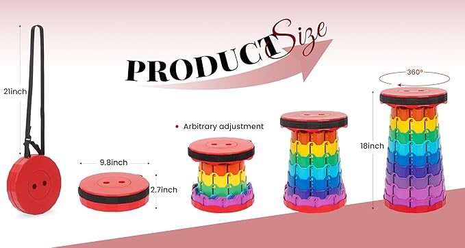 2 Pack Portable Telescoping Stools Collapsible Stool with Cushion,Retractable Foldingstool Max Load Capacity 400lbs, Portable Collapsible Stools for Camping Hiking Outdoor BBQ Rainbow-Red