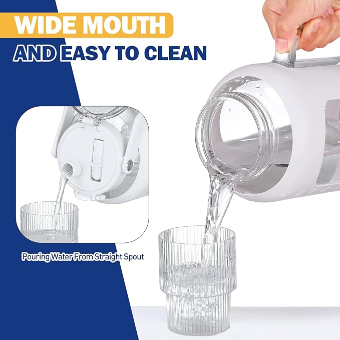 BLUEGO Water Bottle 64 oz Tumbler with Lid and Straw, Glass Water Bottle with Straw, Water Tumbler with Handle Half Gallon Water Jug Large Waterbottle for Daily Water Intake, BPA Free, White