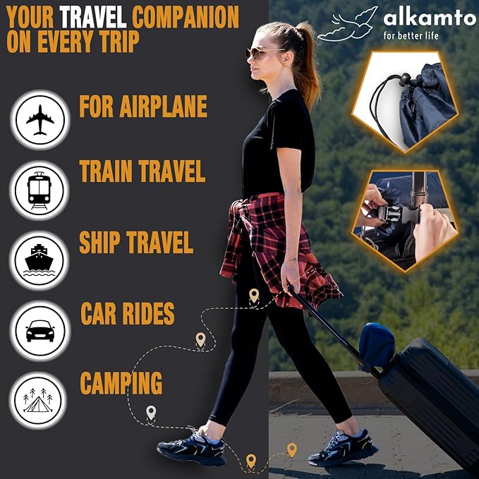 alkamto Travel & Camping Comfortable Memory Foam Pillow – Easy to Carry Portable Bag – Temperature Regulating Pillow Case (White Contour + Extra Cover)
