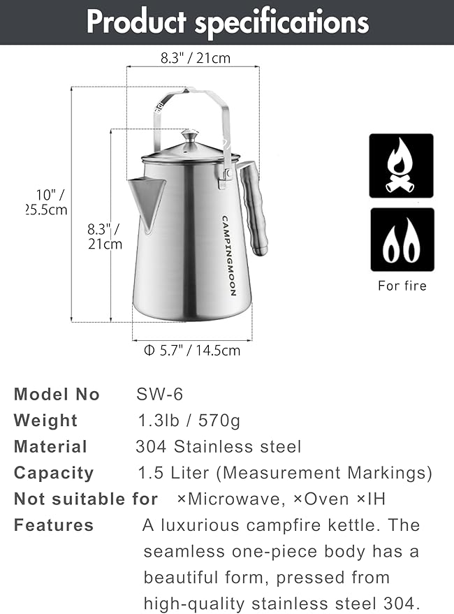CAMPINGMOON 1.5L Campfire Kettle Stainless Steel Camping Coffee Pot Full capacity 1.86L SW-6