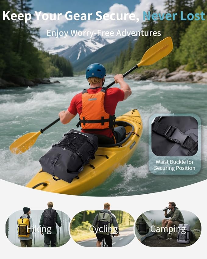 ECOHUB Waterproof Backpack for Women Men, 30L Roll-Top Closure Heavy Duty Dry Bag for Travel with IPX8 Waterproof Phone Case