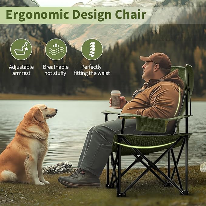 Heavy Duty Folding Chair 500LB Capacity, Oversized Camping Chairs with Cup Holder, Cooler Bag & Storage Pouch, Double-Layer Fabric, Outdoor Chairs for Sports, Lawn Chairs (1, Black Green, Extra Large)