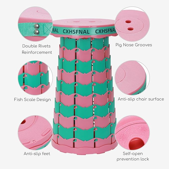Upgraded 2 Pack Portable Collapsible Stool,Folding Camp Stool for Adults,Lightweight Sturdy 400lbs Load Capacity Retractable for Fishing Hiking Camping Gardening Hunting BBQ (Pink Green)