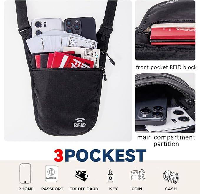 Crossbody Money Belt for Travel Women & Men Hidden, Travel Wallet Pouch - Slim Passport Holde, RFID Blocking Neck Wallet Under Clothes to Protect Cash, Credit Cards and Documents (BLACK)