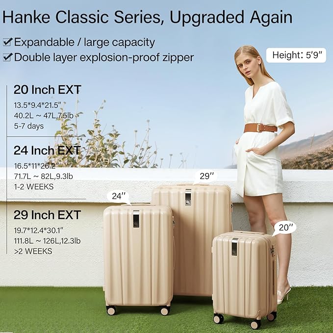 Hanke 24 Inch Expandable Checked Luggage Lightweight PC Hard Shell Luggage Suitcases with Wheels Travel Luggage Rolling Large Suitcase Travel Luggage Bag for Go to University.(Cuba Sand Pink)
