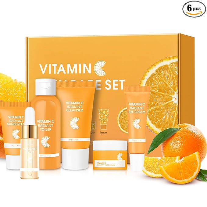 Skincare Gift Set for Teenage Girls,Vitamin C Skin Care Set - 6 Piece Gentle Skin Cleaning & Care Travel Size Kit With Cleanser, Toner, Face Serum,Eye Cream,Sunscreen,Face Cream Brighten Face Care Kit