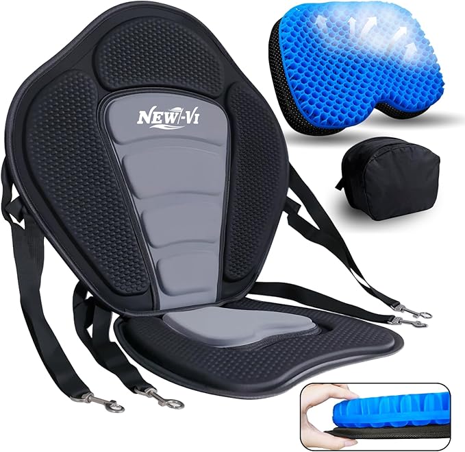 NEW-Vi Deluxe Kayak Seat with Gel Cushion & Storage Bag - Padded Ergonomic Backrest for Kayak, Canoe, SUP, Fishing Boat - Anti-Slip & Waterproof