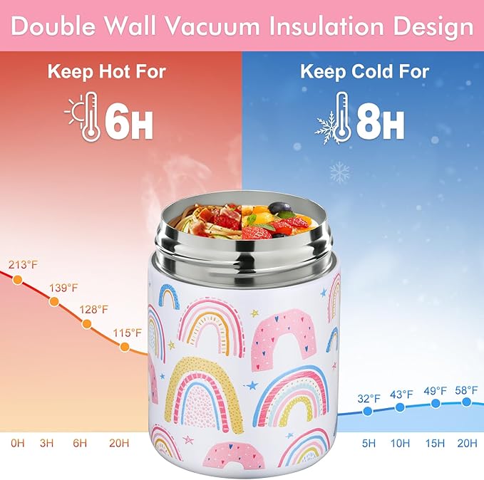 12oz Soup Thermo for Hot Food Kids Insulated Food Jar Wide Mouth Lunch Container Leak Proof Stainless Steel Vacuum Bento Box for School Office Travel Outdoors White-Rainbow