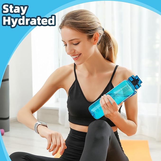 OLDLEY 32 oz Water Bottle, Motivational Water Bottle with Time Marker, Sports Water Bottle With Strap, Leakproof & BPA Free Large Water Bottles for School,Gym,Outdoor, Tritan, Transparent-Blue