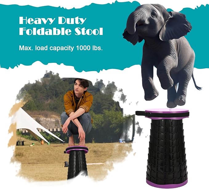 19.7” Heavy Duty Collapsible Stool with Cushion - Portable, Foldable Camping Stool for Adults, Max Capacity 1000lbs (Purple)