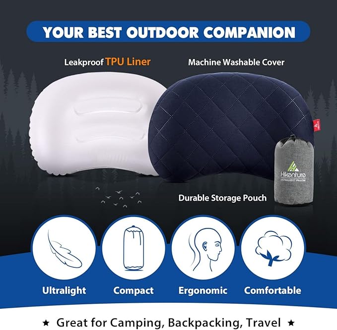 Hikenture Inflatable Pillow for Camping, Washable Backpacking Pillow for Sleeping, Ultralight Blow Up Pillows with Removable Cover, Portable&Compact Hiking Pillow for Beach, Travel, Outdoor(Blue)