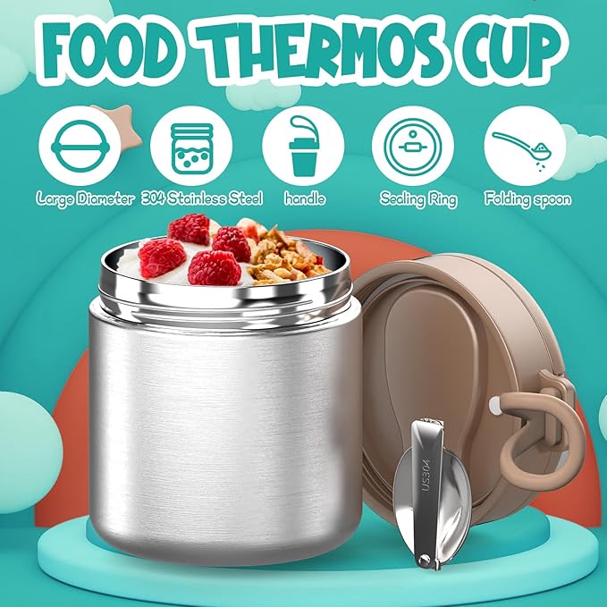 Thermo for Hot Food Kids - 15.2 Oz, Insulated Food Jar for Soup, Width Mouth Stainless Steel Insulated Lunch Container with Folding Spoon, Stainless Steel