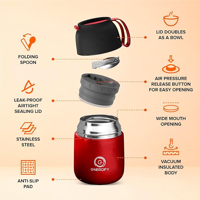 ENERGIFY Vacuum Insulated Food Jar. Large 17oz Bowl incl. Folding Spoon, Cup. Wide Mouth Keep Hot & Cold Drinks Soup Lunch Container for Adults. BPA-Free Stainless Steel, Leak Prooff Radiant red