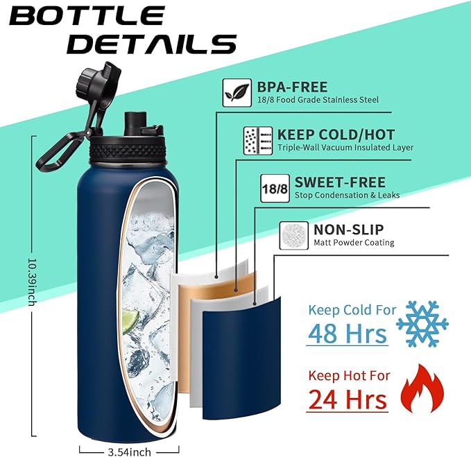 Water-Bottle Insulated 40oz with Straw - Carrying Pouch & Paracord Handle, Leakproof Thermo Metal Bottle Keep Cold 48H Hot 24H, Sport Canteen Stainless Steel Water Bottle for Indoor
