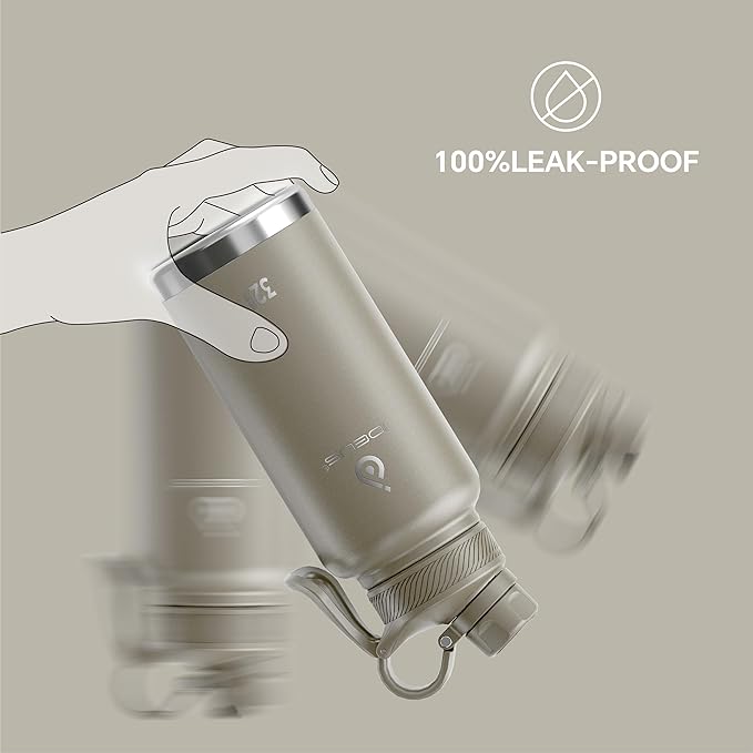 IDEUS Insulated Stainless Steel Water Bottle with 2 Leak-Proof Lids, Thermal Water Flask for Hiking Biking, 32oz, Celadon