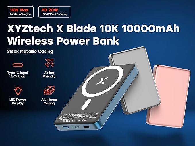 X Blade 10K Slim Magnetic Power Bank - 10000 mAh – MagSafe Portable Charger for iPhone and Samsung, Wireless Fast Charging USB-C PD 20W, Ultra Thin Metal Design, Rose Gold