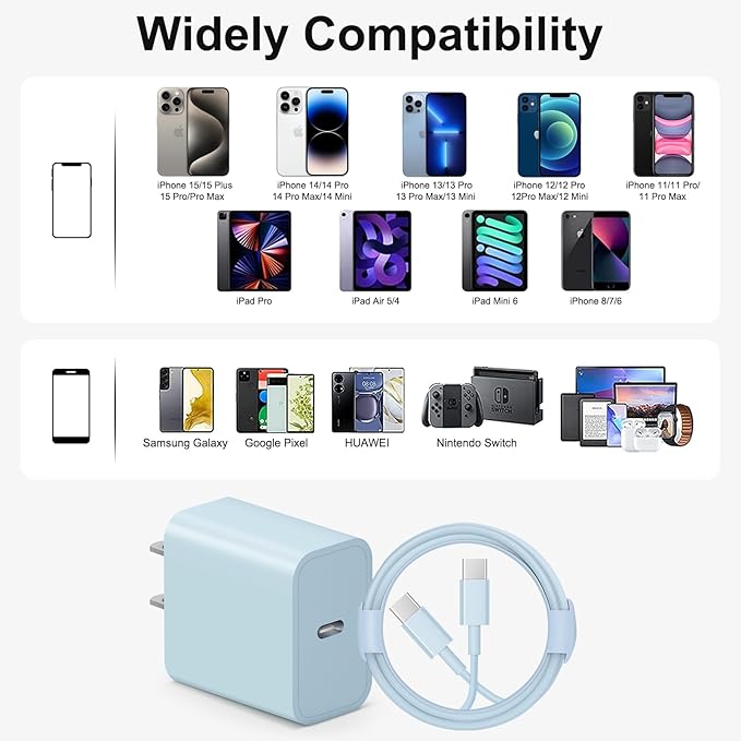 iPhone 17 16 15 Charger Fast Charging 10FT - 20W USB C Charger Block with 10FT Type C to C Cable Compatible with iPhone 17/17 Pro/17 Pro Max/Air/16/16e/15, iPad Pro, iPad Air (Blue)