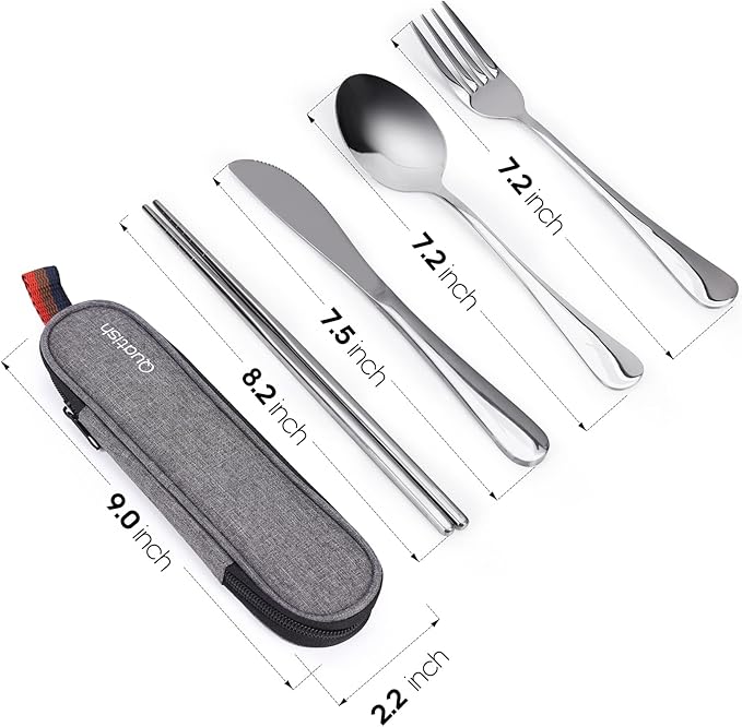 Travel Utensils with Case, Quatish Portable Silverware Set for Work, Stainless Steel Reusable Travel Cutlery Set, Fork and Spoon Set for Camping, EDC Gadgets, Lunch Box for Men, Silver