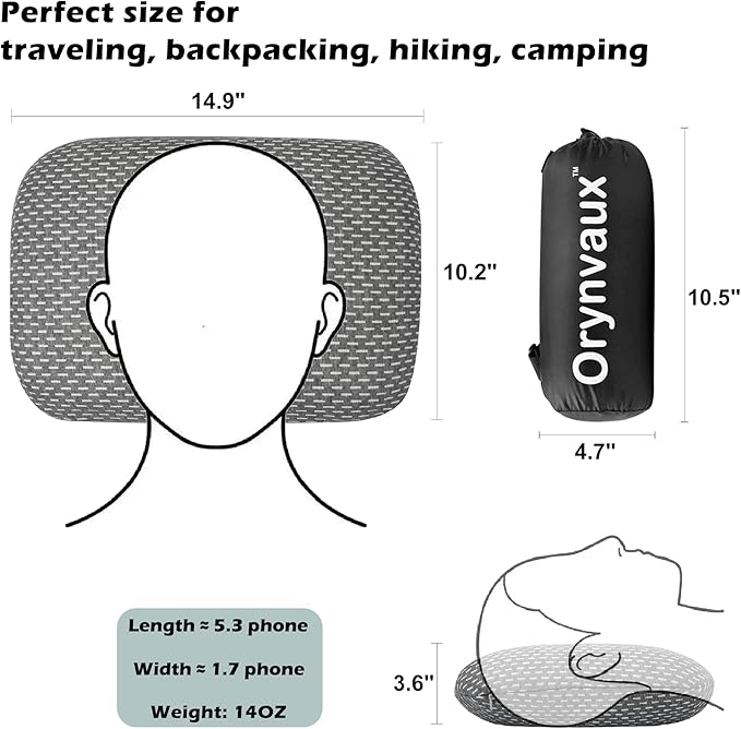 Memory Foam Camping Pillow - Lightweight & Portable Small Travel Pillow for Airplane & Train Travel, Camping, Backpacking, Removable Washable Cover, Easy to Clean, Includes Storage Bag