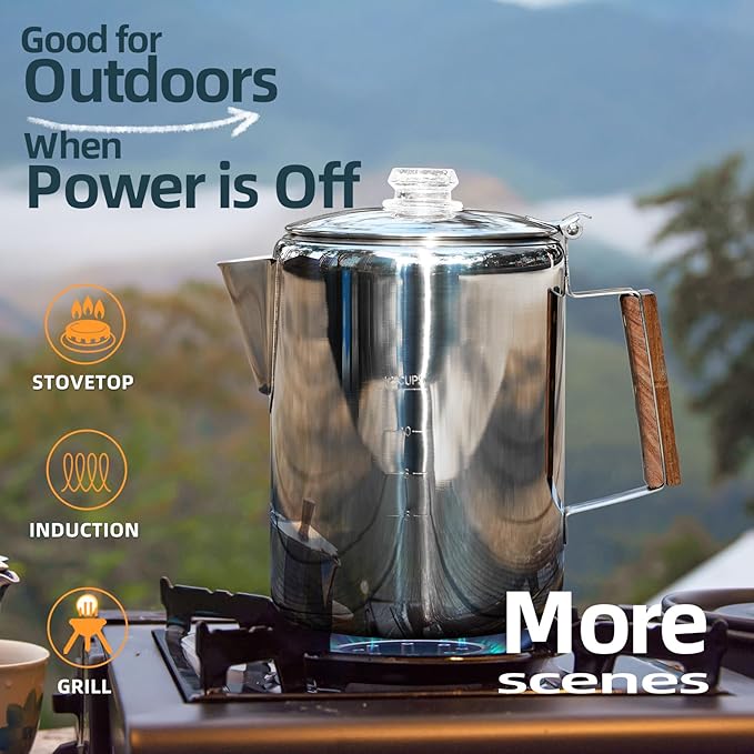 MEREZA Camping Percolator Coffee Pot 12 Cup Stove Top Coffee Percolator Non Electric Coffee Maker Camping Stainless Steel Coffee Pot Outdoors Home No Aluminum & Plastic Fast Brew