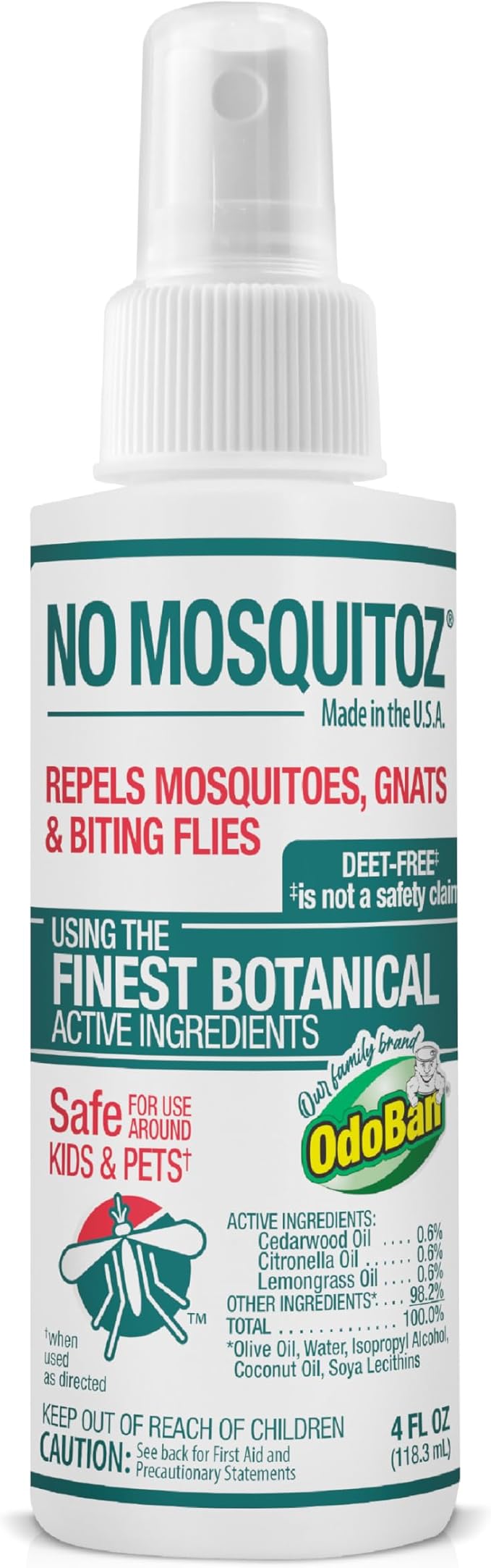 No Mosquitoz Botanical Insect Repellent, DEET-Free, Made with Natural Essential Oils, Non-Greasy Formula, Made in The USA, Woodsy Scent, 4 Ounce Spray Bottle