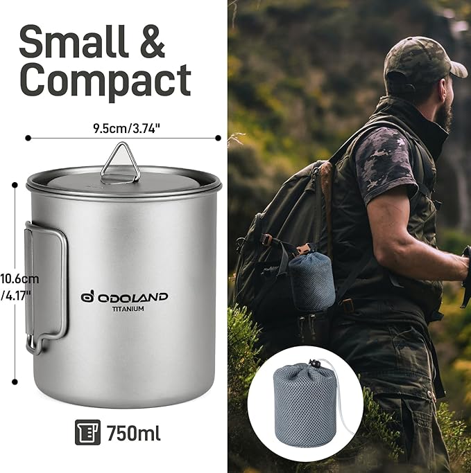 Odoland Titanium Camping Cookware 420ML Titanium Pot with Lid and Spork Lightweight Camping Pot for Backpacking Hiking Traveling and Picnic