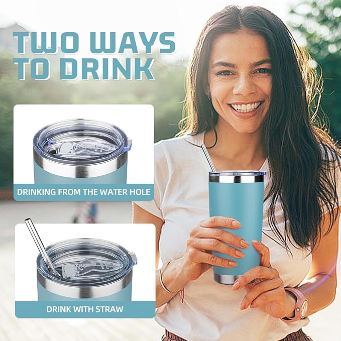 20 oz Tumbler with Lids and Straws, Stainless Steel Insulated Travel Coffee Mug, Double Wall Vacuum Insulated Tumblers, Powder Coated Coffee Tumbler for Cold & Hot Drinks (Maya Blue, 6 Pack)