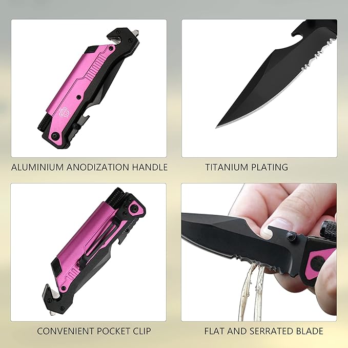 8.5" Military Outdoor Hunting Camping Pocket Knife, 7 in 1 Multi-Function Folding Knives with Fire Starter LED Light Seatbelt Cutter Glass Breaker Bottle Opener Tactical Blade (Pink)