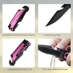 8.5" Military Outdoor Hunting Camping Pocket Knife, 7 in 1 Multi-Function Folding Knives with Fire Starter LED Light Seatbelt Cutter Glass Breaker Bottle Opener Tactical Blade (Pink)