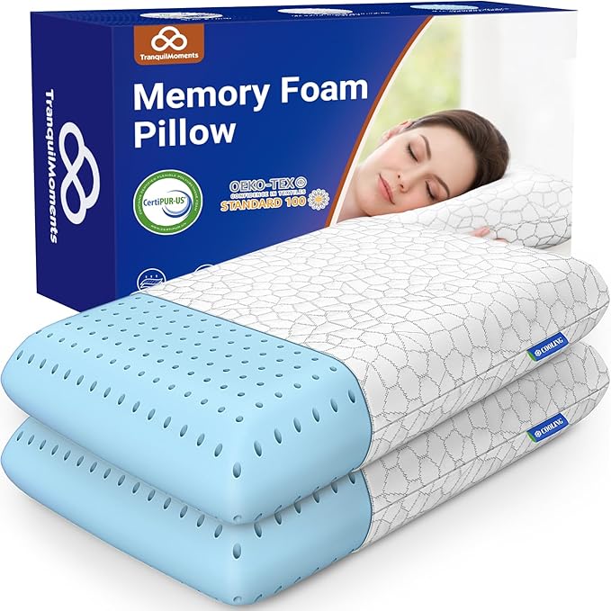 Cooling Memory Foam Pillows, Cooling Bed Pillow, Bed Pillow for Side, Back and Stomach Sleepers, Neck Pillow for Sleeping with Removable and Machine Washable Cover, Queen Size (2 Pack)