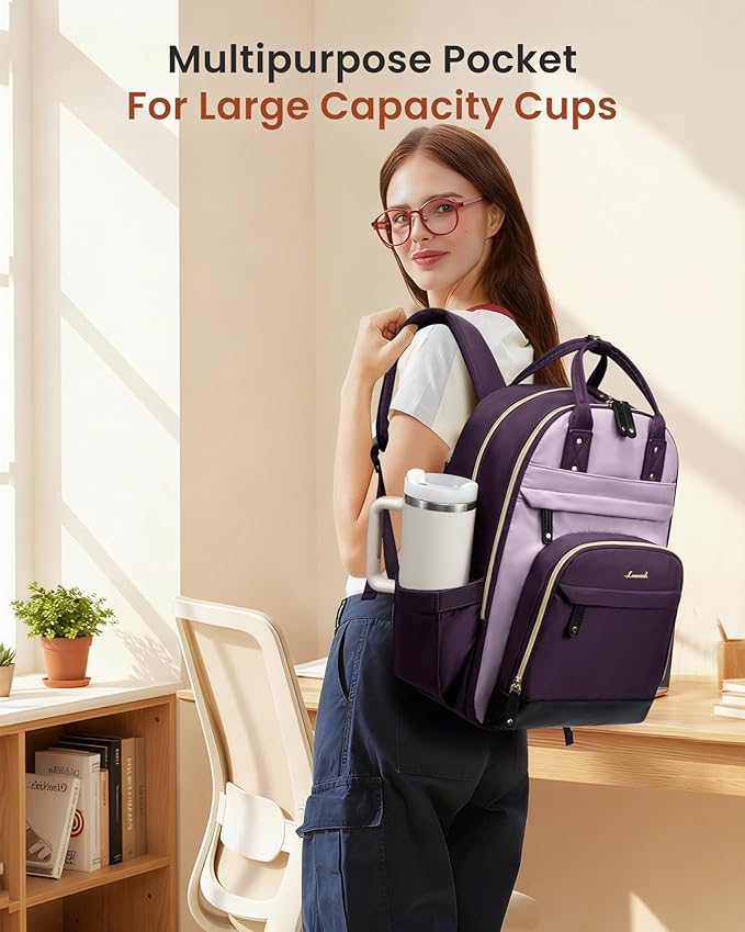 LOVEVOOK Laptop Backpack Women with Giant Tumbler Holder,17.3 inch Work Travel Backpack Computer Laptop Bag,Cute College Nurse Teacher Backpack Purse,Gift for Women & Men,Dark purple-Purple-Rust red