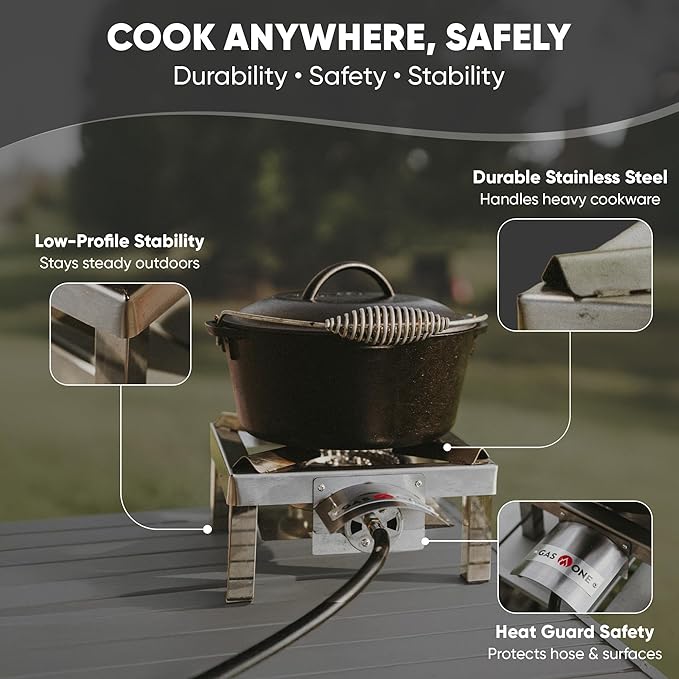 GasOne Stainless Steel Single Propane Burner - Outdoor Cooking with Heat Shield and Guard – Propane Burner Head for Camping, Tailgating, Seafood Boil, Home Brewing - Patent Pending