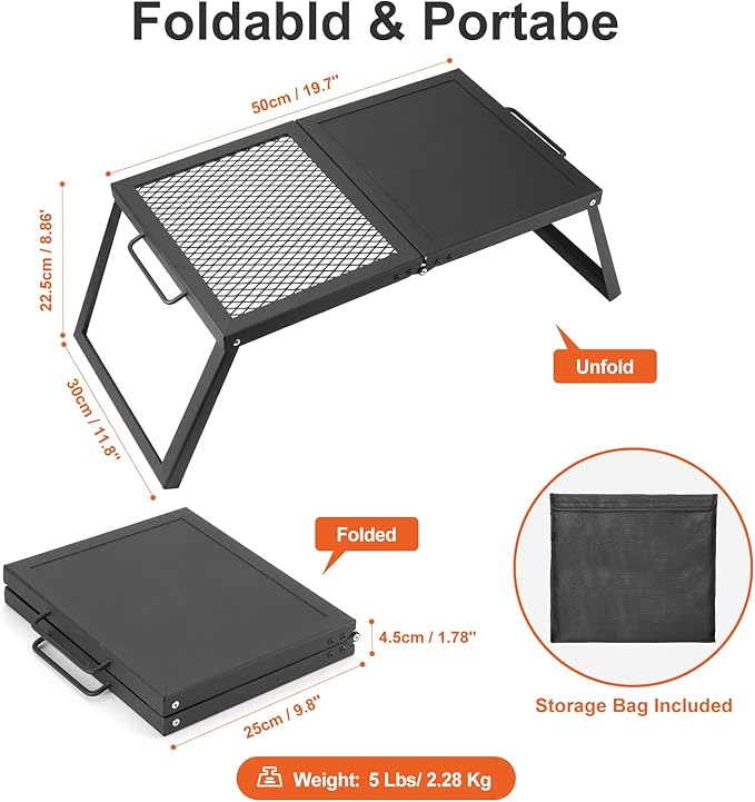 Odoland Folding Campfire Grill, Heavy Duty Steel Mesh Grate with Folding Legs and Storage Bag, Portable Camping Grates, Over Fire Pit Grill Rack for Outdoor Cooking and Bonfire