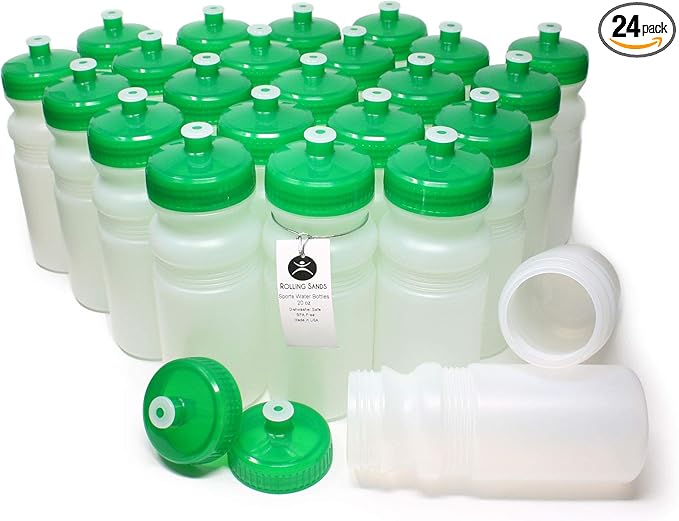 Rolling Sands USA Made 20 Ounce Sports Water Bottles - 24-Pack Bulk BPA-Free Blank Sports Bottles for Teams & Classrooms - Clear Frost Bottle/Green Lid, No Smell No Taste